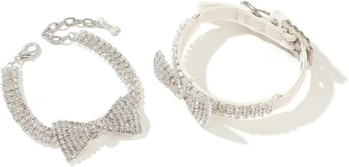 Dogs Kingdom Bowknot Shape Full Bling Rhinestones Pet Dog Cat Collars 2Pcs Crystal Diamond Necklace Set Pet Fashionable Accessories,White,L:11-13"...