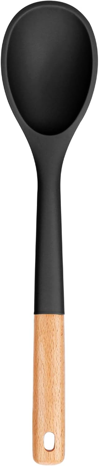 Large Silicone Cooking Spoons, Nonstick Solid Wooden Handle Spoon, Heat Resistan Silicone Kitchen Spoons for Cooking, Serving, Basting, Mixing, 13...