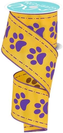 Paw Print Wired Edge Ribbon, 2.5" x 10 Yards (Yellow, Purple)...