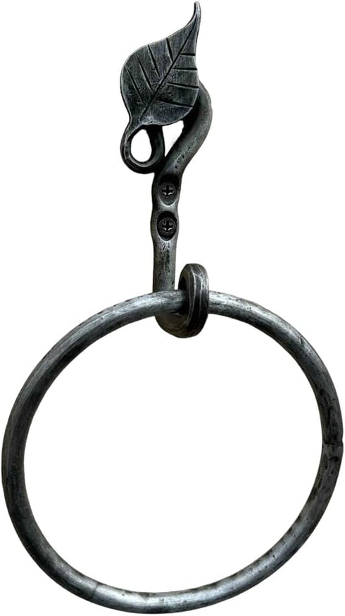 Hand Forged Metal Leaf Towel Ring Wrought Iron Handmade Wall Mounted Hand Towel Holder Modern Farmhouse Kitchen Towel Ring Black Antique Finish He...