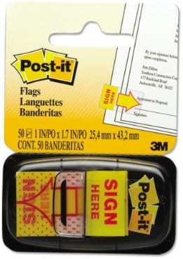 Post-it Printed Message Flags, "Sign Here", 1 Inch Yellow, One Dispenser of 50 Flags...