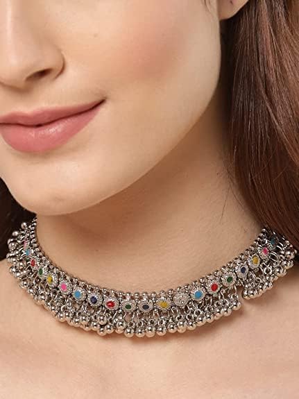 Indian Designer Silver Oxidized Ethnic Statement Traditional Ghungroo Beads Choker Necklace Jewelry Multi...