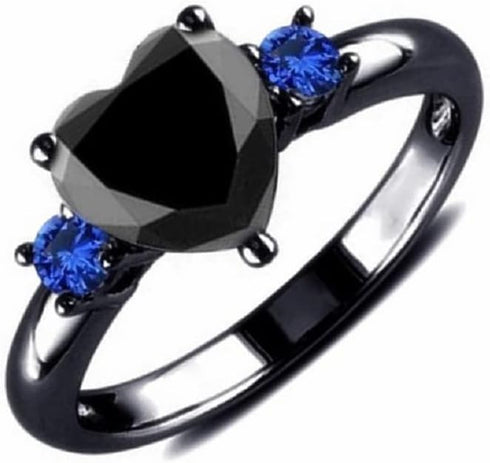 Hsitgexf Black Gold Plated Heart & Blue Round CZ Cubic Zirconia Promise Statement Ring,Women's Fashion 3-Stone Wedding Engagement Ring (US size 9)...