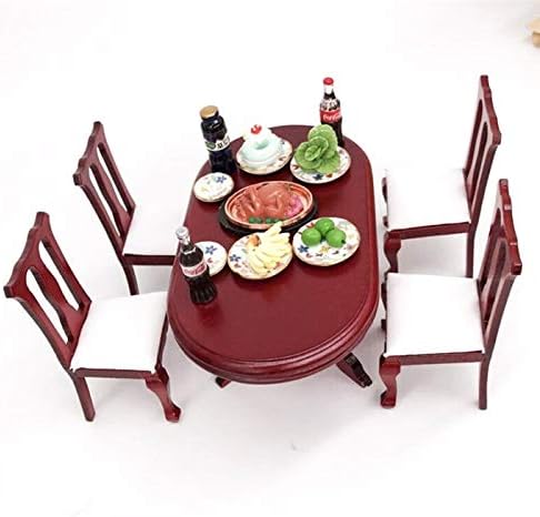 1:12 Dollhouse Miniature Furniture Red Wooden Dining Table Chairs 5pcs Set 1 Table and 4 Chair Wooden Creative Handcraft Gift for Boys Girls perfe...