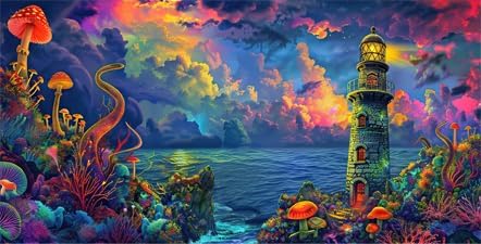 Aquarium Background with Cloud Sky Design, Fantasy Landscape Tapestry Trippy Neon Galaxy Space Fish Tank, Nature Lighthouse Lake Tapestry Wall Han...