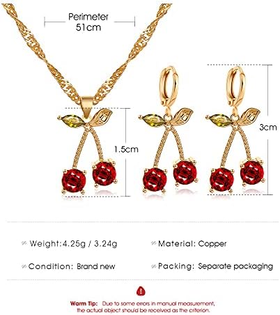 Pingyongchang Unique Chic Charm Sparkly Red Crystals Cherry Statement Earrings Necklace Sets Green Leaf Red Rhinestones Fruit Cherry Dangle Earrin...