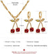 Pingyongchang Unique Chic Charm Sparkly Red Crystals Cherry Statement Earrings Necklace Sets Green Leaf Red Rhinestones Fruit Cherry Dangle Earrin...