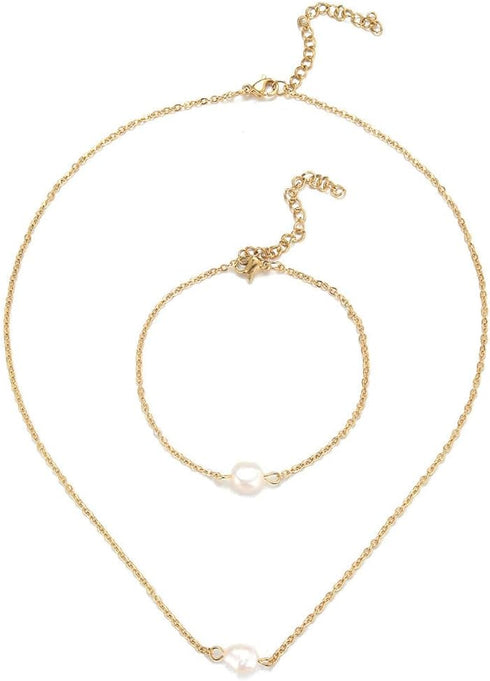 Stainless Steel Pearl Jewelry Set for Women Faux Pearl Choker Necklace Dainty Small Pearl Bracelet Set Gold Plated for Bridal Wedding...