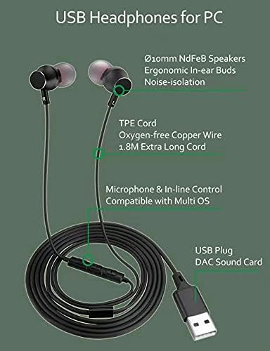 USB Earbuds Headphones for Computer, Noise-Isolation in-Ear Earphones with Microphones, USB DAC & 1.8M Cord, Universally Compatible with Laptop, D...