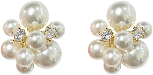 Pearl Flower Round CZ Stud Earrings for Women Dainty 925 Sterling Silver Post 14K Gold Plated Huggie Piercing Hypoallergenic Statement Studs Pin F...
