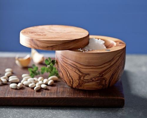 Berard Handcrafted Salt Keeper with Magnetic Lid, 4" Round, Olive Wood...