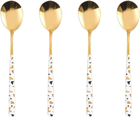 Stainless Steel Soup Spoon,Korean Dessert Spoon,White Gold Spotted Spoon for Home, Kitchen or Restaurant, Set of 4 Colour Spotted Soup Spoons, 8 I...