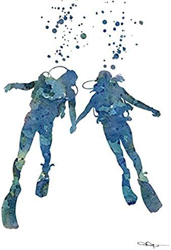 Scuba Divers Abstract Watercolor Art Print By Artist David J Rogers....