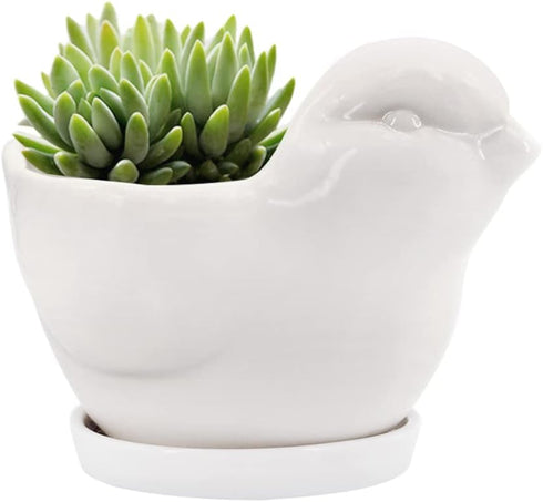 GeLive White Bird Ceramic Succulent Planter Animal Plant Pot Flower Vase Bonsai Windowsill Box with Drainage Saucer Adorable Indoor Home Decoratio...