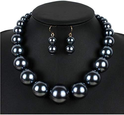 Womens Faux Big Pearl Choker Necklace and Drop Earring Set Fashion Large Simulated Pearl Statement Collar Bib Necklace Earrings Costume Jewelry Se...