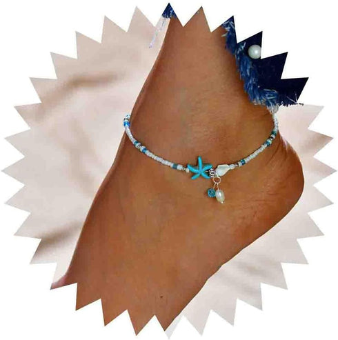 Boho Starfish Beaded Anklet Bracelets White Beads Anklet Beach Beaded Ankle Bracelet Summer Blue Starfish Foot Chain Jewelry for Women...