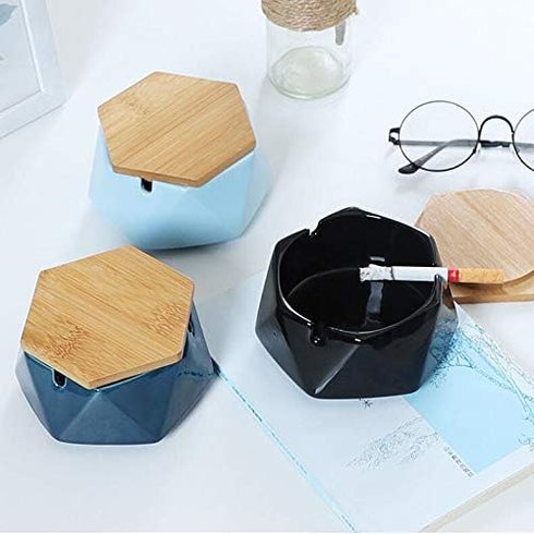 Ceramic Geometric Ashtray with Lid, Windproof Ceramic Ashtray for Indoor or Outdoor Use, Home Office Decoration, Black...