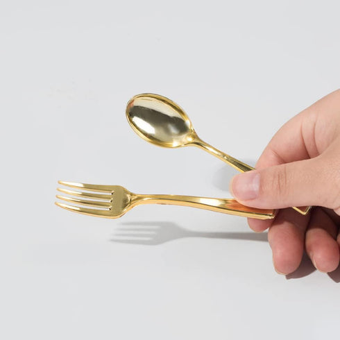 48Pcs Party Disposable Plastic Mini Forks and Spoons Set Polished Gold Cutlery Plastic Tasting Spoons Flatware Forks and Spoons for Small Appetize...