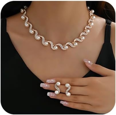 Pearl Bridal Necklace Earrings Set Sliver Rhinestone Necklaces Crystal Bride Choker Necklace Jewelry Set Pearl Accessories for Women...