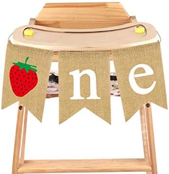 Rainlemon Burlap Strawberry One Banner Rustic Jute Baby Girl 1st Birthday Party Highchair Bunting Garland Decoration...