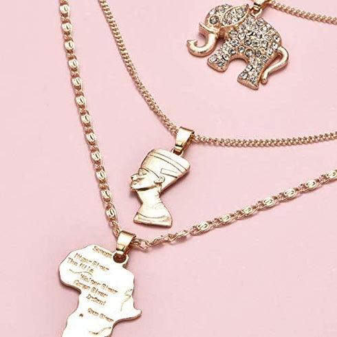 COLORFUL BLING 3 Layered Africa Map Choker Necklace Crystal Elephant Layered Pendant Necklace Chains Gold Gothic Egyptian Queen Beach Adjustable J...