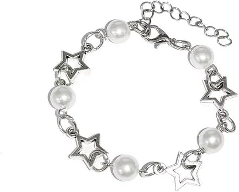 Todu Y2k Star Pearl Beaded Chain Adjustable Aesthetic Bracelets Punk Gothic Link Dainty Bracelets Grunge For Women Christmas Jewelry(Pearl)...