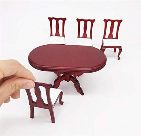 1:12 Dollhouse Miniature Furniture Red Wooden Dining Table Chairs 5pcs Set 1 Table and 4 Chair Wooden Creative Handcraft Gift for Boys Girls perfe...
