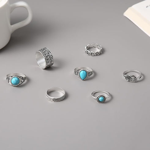 Bohemian Turquoise Ring for Women Western Rings Jewelry Stackable Knuckle Ring Set Vintage Rose Leaf Ring Set for Women Gifts...