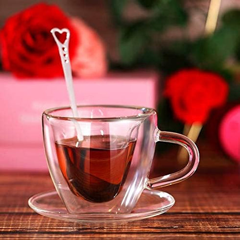Patelai Heart Shaped Double Walled Glass Insulated Coffee Mug Clear Tea Cup 180 Ml, 6 oz Cappuccino Cup with Saucer and Heart Shaped Coffee Spoons...