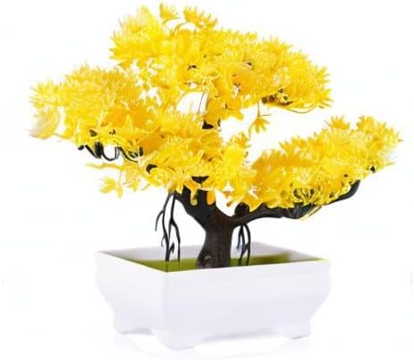 Mini Artificial Bonsai Tree Plants with Plastic Cement Pots for Home Office Décor (Yellow)...