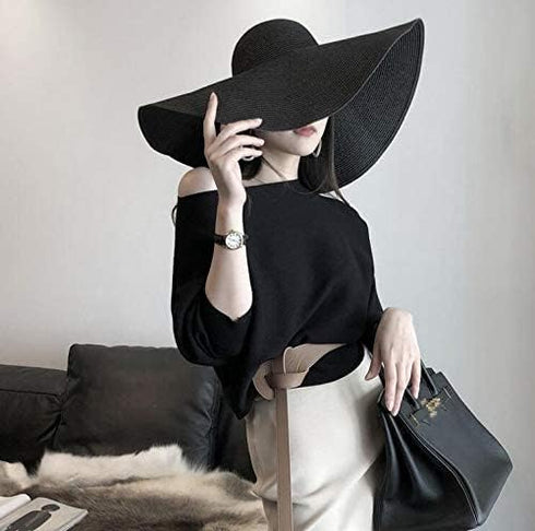 1Pcs Women Wide Brim Straw Hat Foldable Beach Floppy Sun Hat Black...