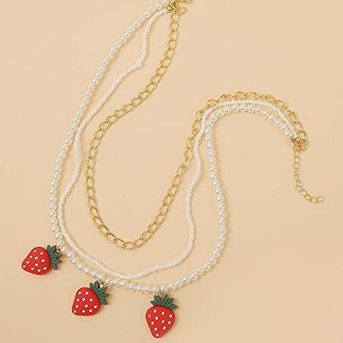 Multilayer Fruit Strawberry Pineapple Pendant Pearl Choker Colorful Beads Flowers Necklace Party Cute Women Bohemia Handmade Jewelry...