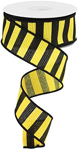 Horizontal Stripe Wired Edge Ribbon - 10 yards (Yellow, Black, 1.5 Inch)...