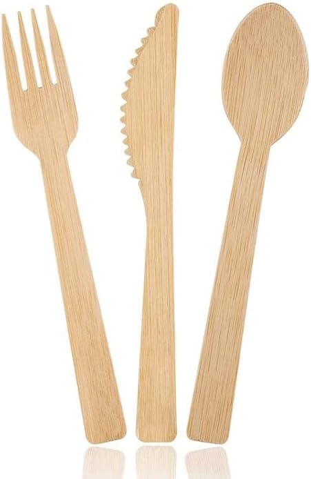 Bamboo Utensils - Natural Disposable Wooden Cutlery for Party, Eating, Camping, Picnic, Wedding, Birthday - Compostable Silverware - 8 Spoons, 8 F...