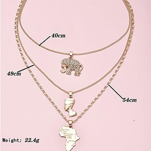 COLORFUL BLING 3 Layered Africa Map Choker Necklace Crystal Elephant Layered Pendant Necklace Chains Gold Gothic Egyptian Queen Beach Adjustable J...