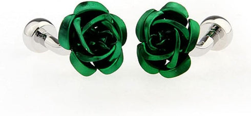 Rose Flower Green Pair of Cufflinks in a Presentation Gift Box with a Polishing Cloth...
