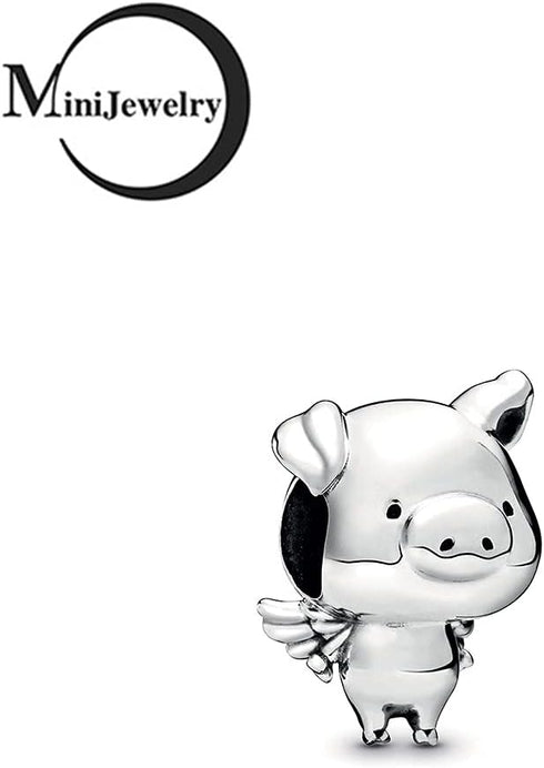 Fly Piggy Charm fits Pandora Moments Bracelets Women Sterling Silver Angel Wings Piglet Bead...