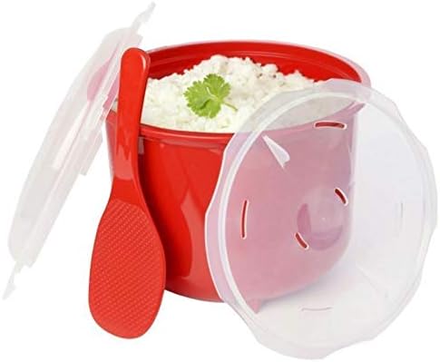 Microwave Rice Steamer Cooker BPA-Free – 2.6L (87.9oz) Red Rice Maker with Lid and Spoon – Dishwasher Safe Microwaveable Cooker for Basmati, Spani...