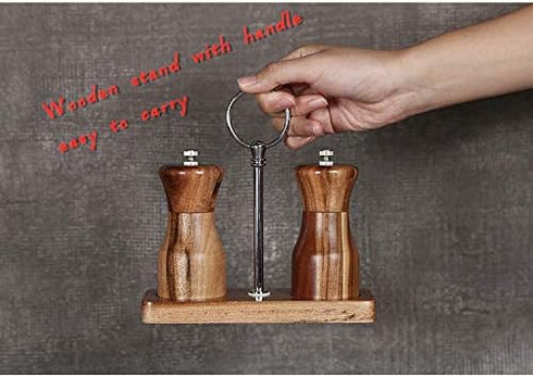 Acacia Wood Salt and Pepper Grinder Set, Manual Pepper mill, Refillable, Adjustable Coarseness Ceramic Rotor, with Wooden Stand Holder Tray...