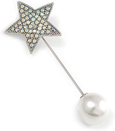 AB Crystal Star, Pearl Bead Lapel, Hat, Suit, Tuxedo, Collar, Scarf, Coat Stick Brooch Pin In Silver Tone Metal - 70mm L...