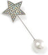 AB Crystal Star, Pearl Bead Lapel, Hat, Suit, Tuxedo, Collar, Scarf, Coat Stick Brooch Pin In Silver Tone Metal - 70mm L...