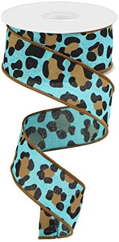 1.5"X10yd Aqua Blue Teal Leopard Print On Royal Wired Ribbon...