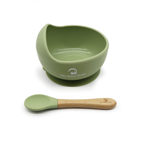 The Happy Stork - Silicone Suction Bowl and Spoon Set (Green Tea)...