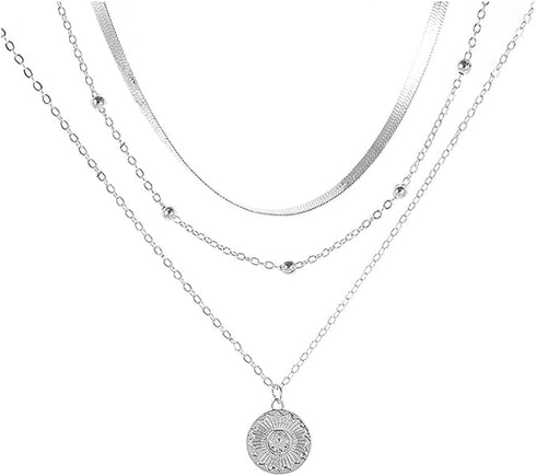 Layered Lotus Pendant Necklaces Silver Bead Choker Necklace Chain Adjustable Jewelry for Women...