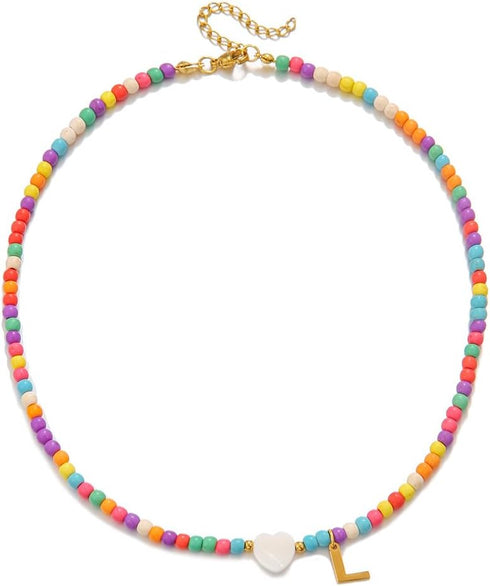 Gold Initial Necklace for Women - Handmade Bohemian Colorful Beaded Initial Stainless Steel 18K Plated Gold Choker Necklace with Heart Shells Lett...