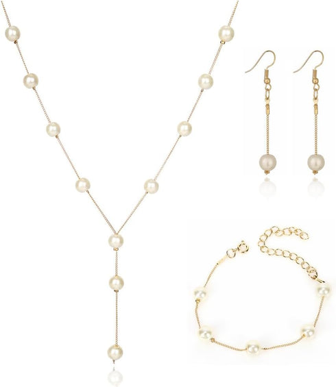 Pearl Jewelry Set for Women Brides Wedding Faux Pearl Necklace Bracelet Earrings Set Simulated Pearl Set Adjustable Y-shaped Pearl Necklaces Daint...