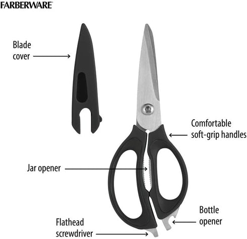 Farberware 4 in 1 Multipurpose Stainless Steel Kitchen Scissors with Blade Cover, Black...