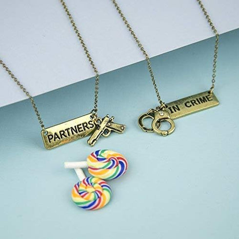 LUX ACCESSORIES Partners in Crime Handcuff Hand Cuff Gun BFF Best Friends Forever Matching Necklace Set...
