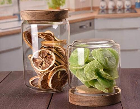 1PCS 450G/15oz Empty Clear Glass Canister Home Kitchen Food Storage Container Jars Pots With Airtight Wood Lids Food Organizer Vial Dispenser for ...
