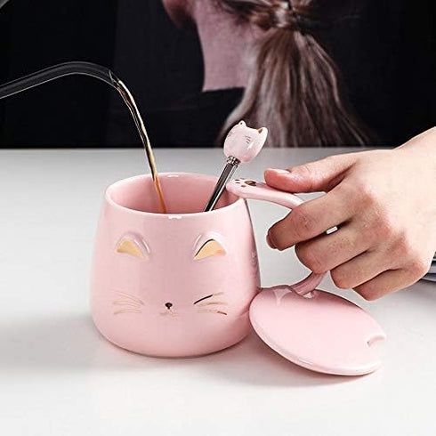 Pink Ceramic Coffee mug Cute Cat Handmade Tea Cups with Stainless Steel Spoon Kitty Cup Unique Hot chocolate Novelty mugs Christmas Birthday for G...